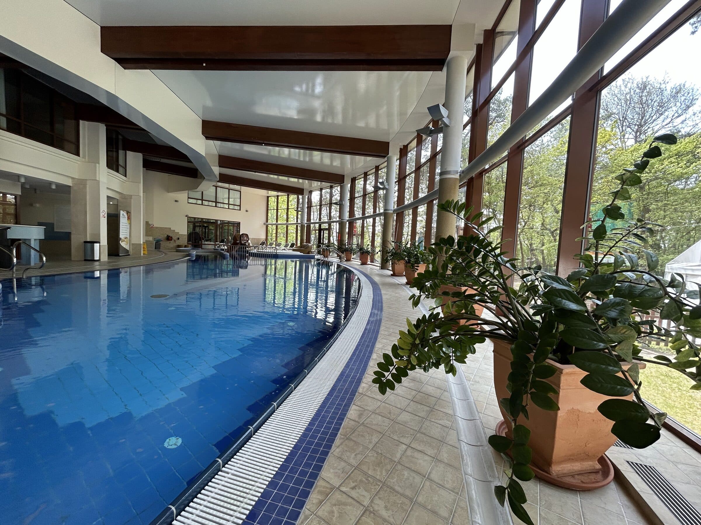 Hala basenowa Hotelu Dom Zdrojowy w Jastarni z rozłożystą roślinnością - drugi kadr
