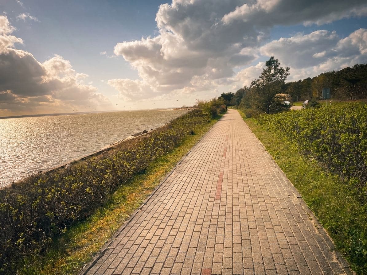 Ein Radfahrer auf dem Weg an der schmalsten Stelle der Halbinsel Hel bei Kuznica.