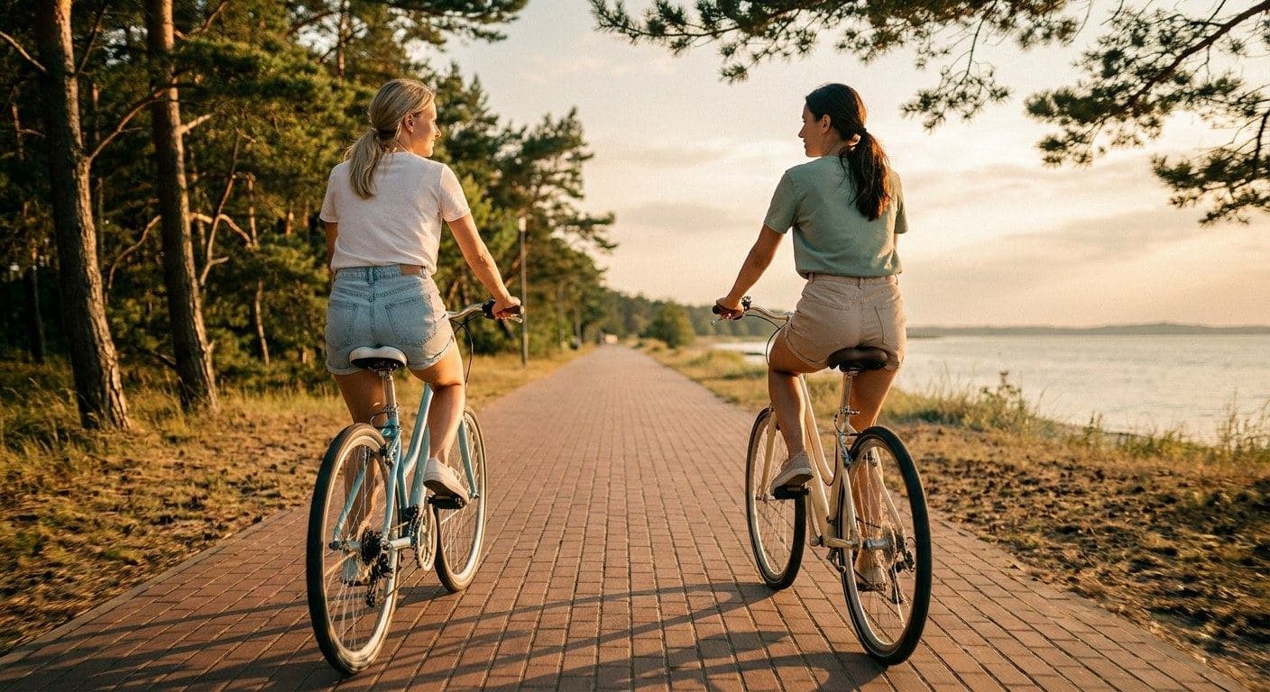 Dwie rowerzystki na nadmorskiej trasie rowerowej w Kuźnicy wzdłuż Zatoki Puckiej i lasu sosnowego