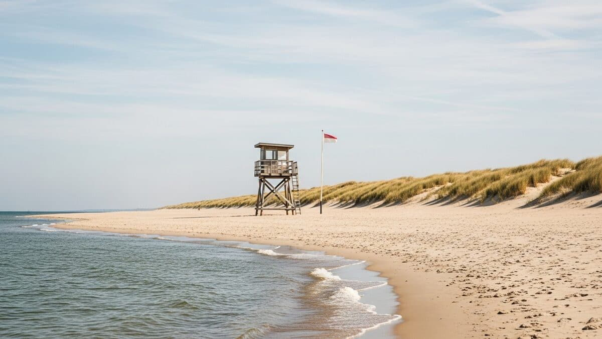 Hölzerner Rettungsschwimmerturm und Flagge an einem leeren Ostseestrand inmitten von Dünen