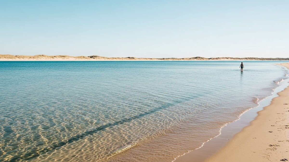 Ruhiges, flaches Buchtgewässer an einem Sandstrand, ein Kind watet am Wasser