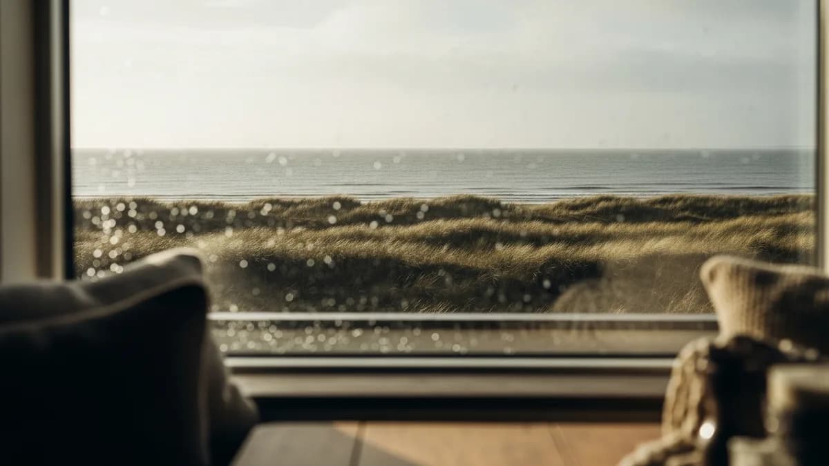 Regentropfen auf einer Fensterscheibe mit Blick auf die ruhige, graue Ostsee und ein einfaches, niedriges Ufer mit Dünengras, warmer Innenraum im Vordergrund unscharf