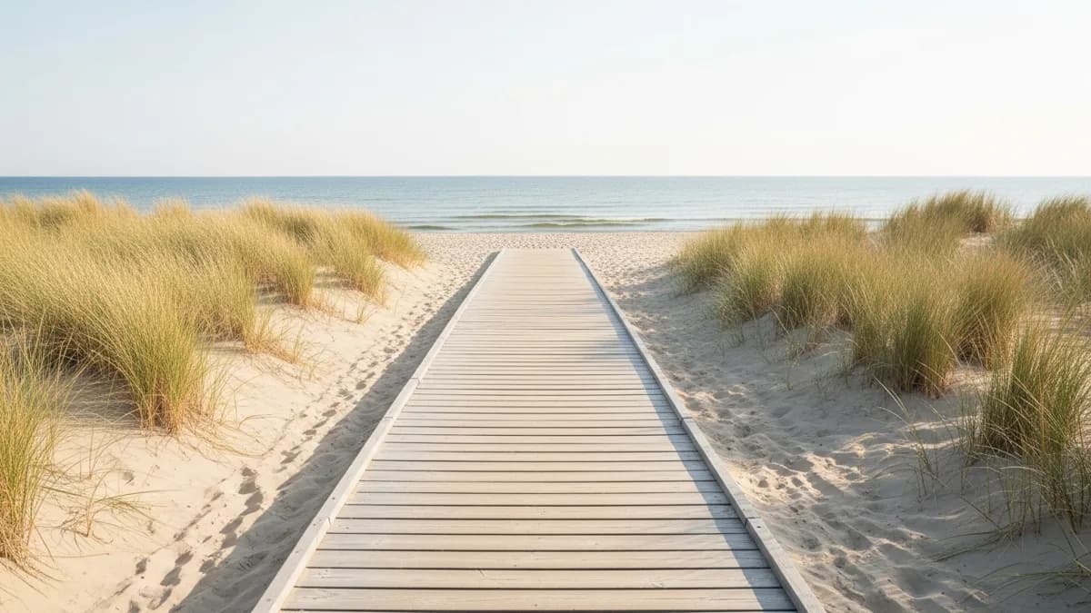 Wide wooden beach boardwalk leading straight through light sand towards the calm Baltic Sea, dune grass on both sides, smooth surface without barriers, straight shore parallel to the horizon