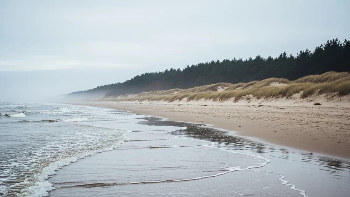 Leerer, herbstlicher Ostseestrand im November unter weichem, bewölktem Licht, nasser Sand, niedrige Wellen, Dünengras und dunkler Kiefernwald im Nebel