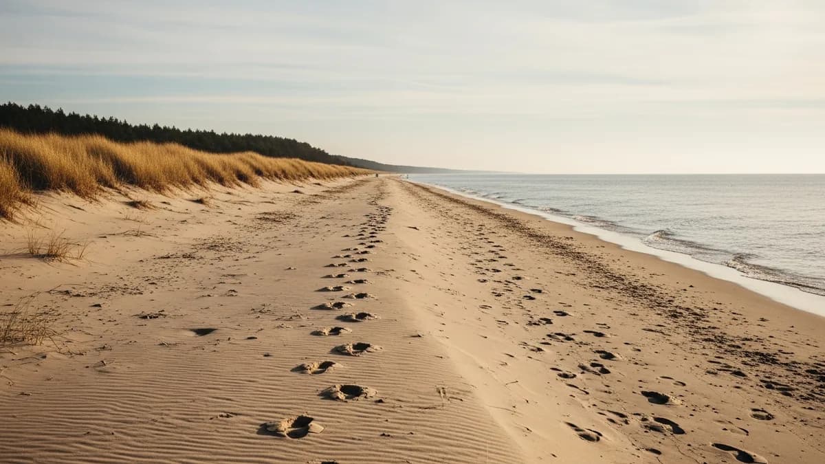 Breiter, leerer Ostseestrand außerhalb der Saison im weichen Herbstlicht, einfacher niedriger Ufer mit Dünengras parallel zum Horizont, Fußspuren im feuchten Sand, ruhiges Meer