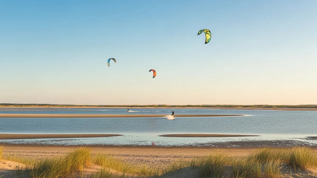 Kolorowe latawce kitesurfingowe wysoko nad płytką, płaską zatoką, dalekie sylwetki kursantów, złota godzina nad Bałtykiem