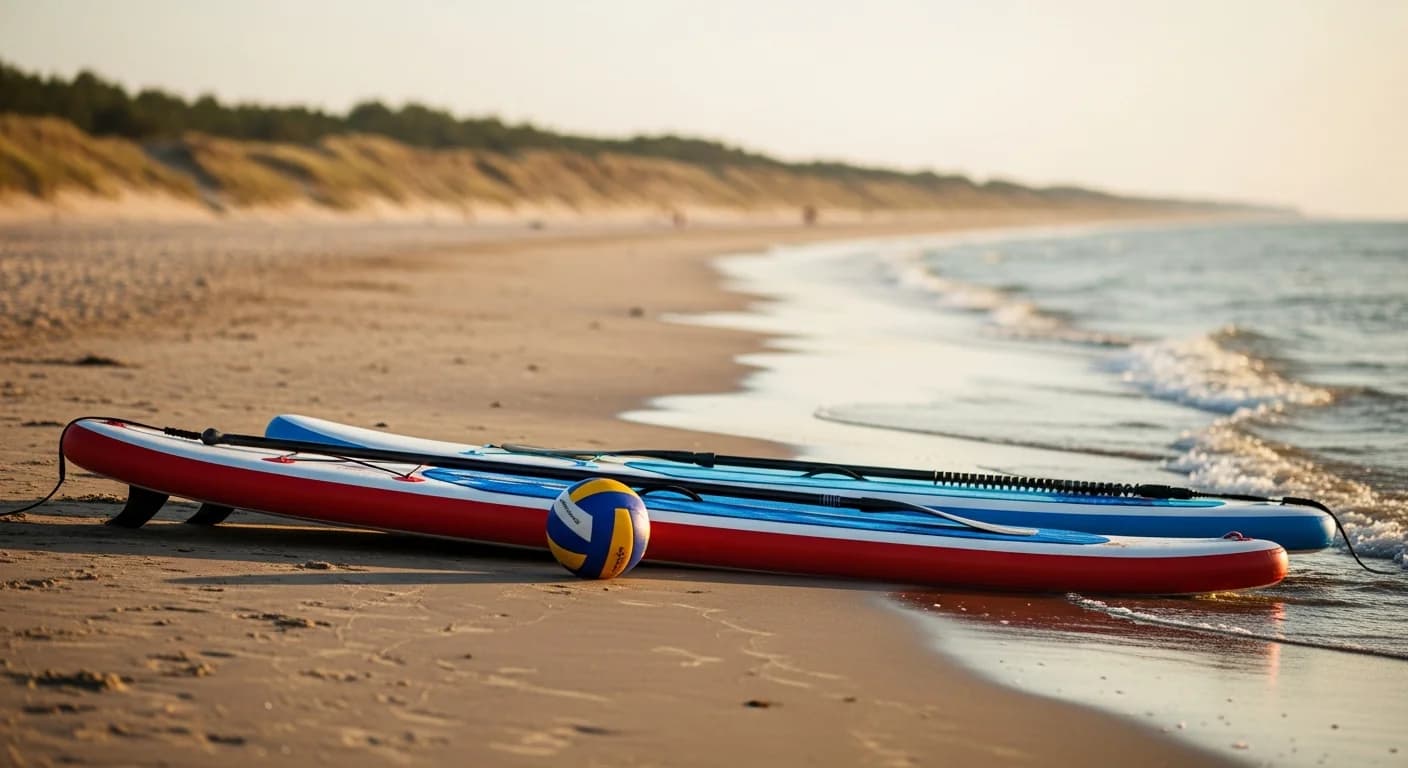 Dwie deski SUP i piłka leżące na piasku szerokiej plaży nad Bałtykiem w złotej godzinie.