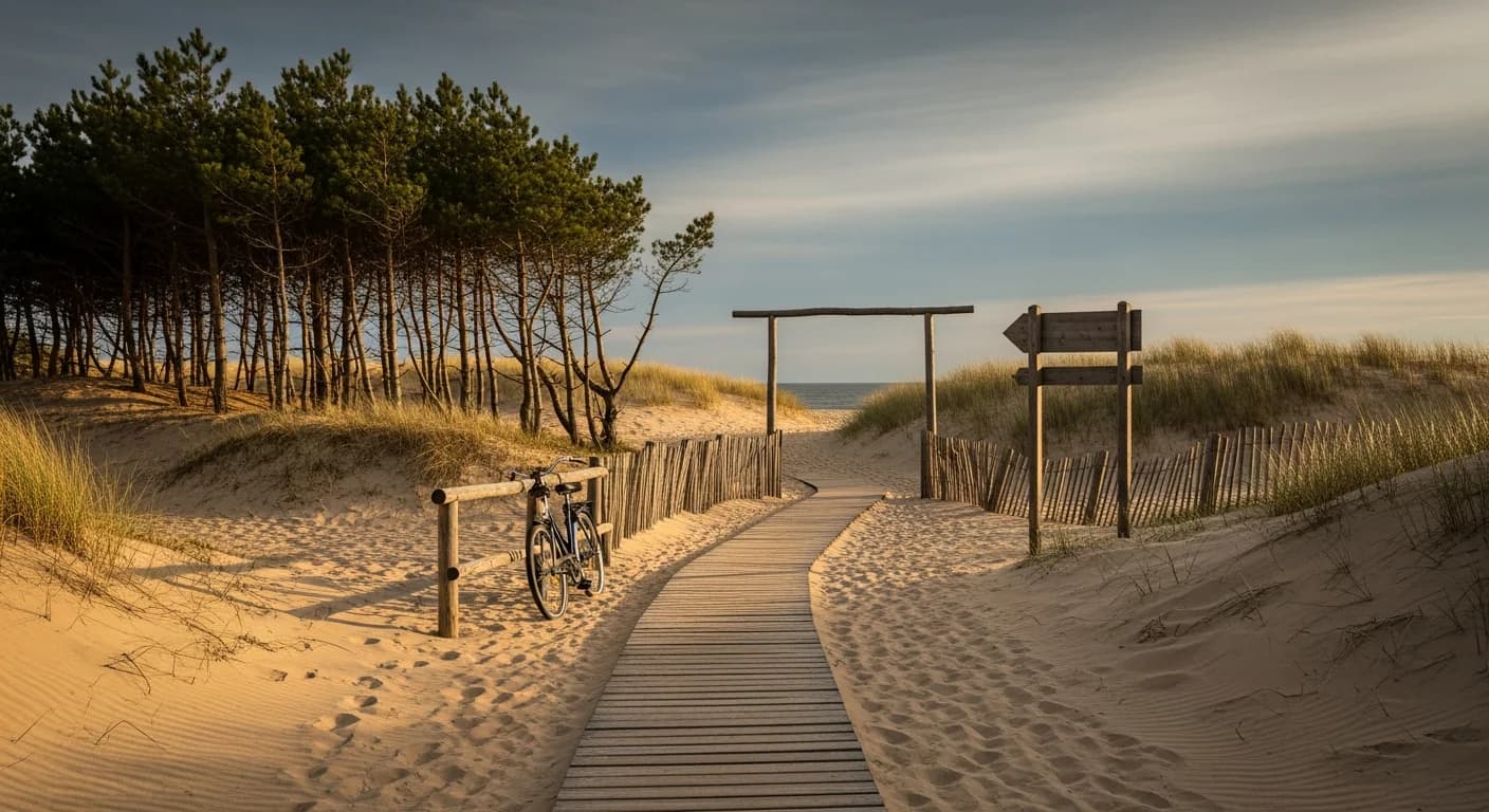 A wooden beach entrance through the dunes with a signpost and bicycles leaning on a fence in afternoon light.
