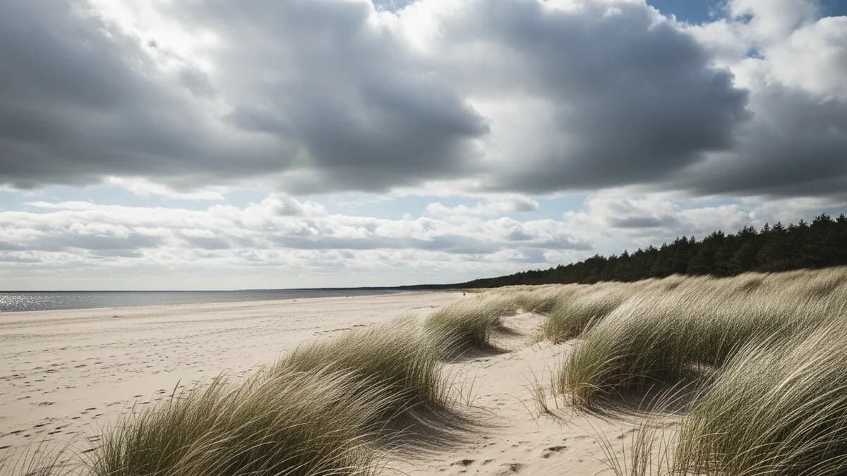 Breiter, leerer Ostseestrand an einem windigen, wechselhaften Tag, geneigtes Dünengras, geschichtete Wolken mit Sonnendurchbrüchen, Kiefernwald im Hintergrund