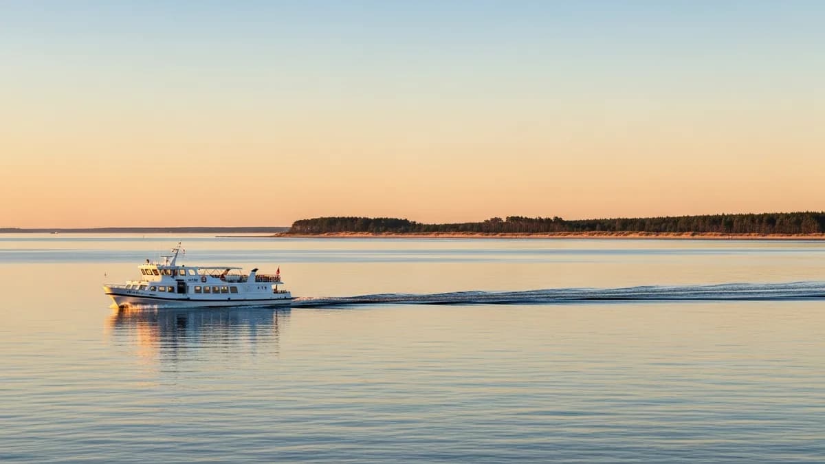 Ein weißes Passagierschiff fährt in der goldenen Stunde auf der ruhigen Oberfläche der Ostsee, im Hintergrund eine niedrige sandige Küstenlinie mit Kiefernwald