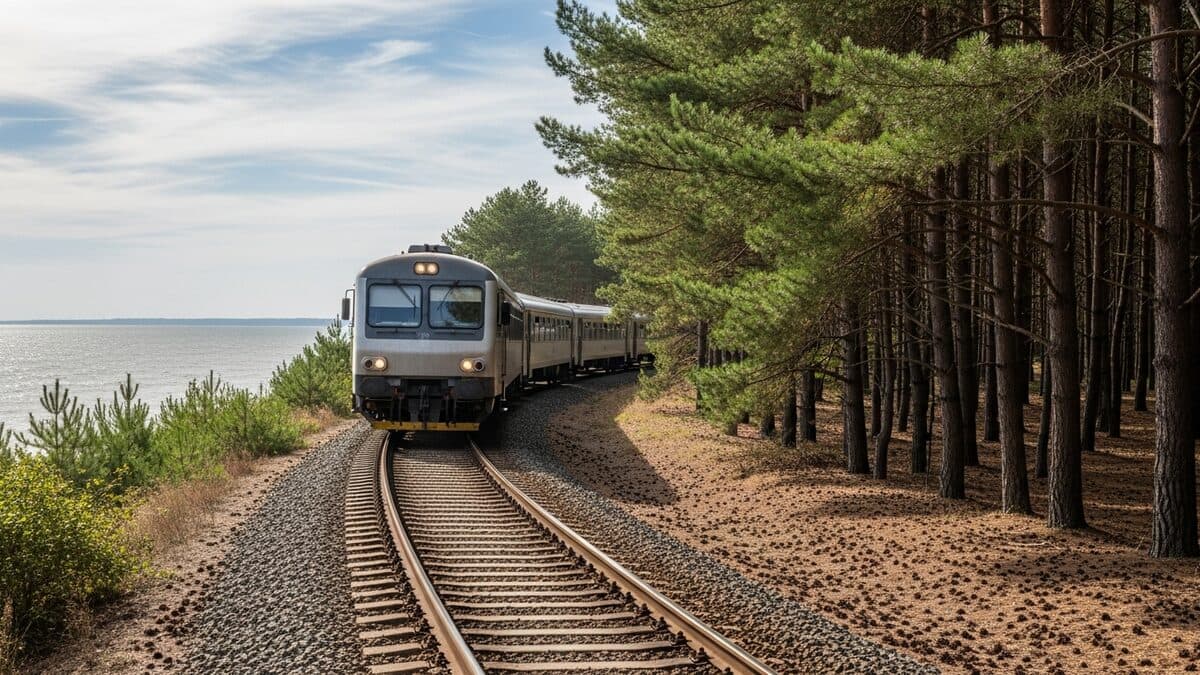 Regional train on a coastal railway line among pine trees, with the sea in the background