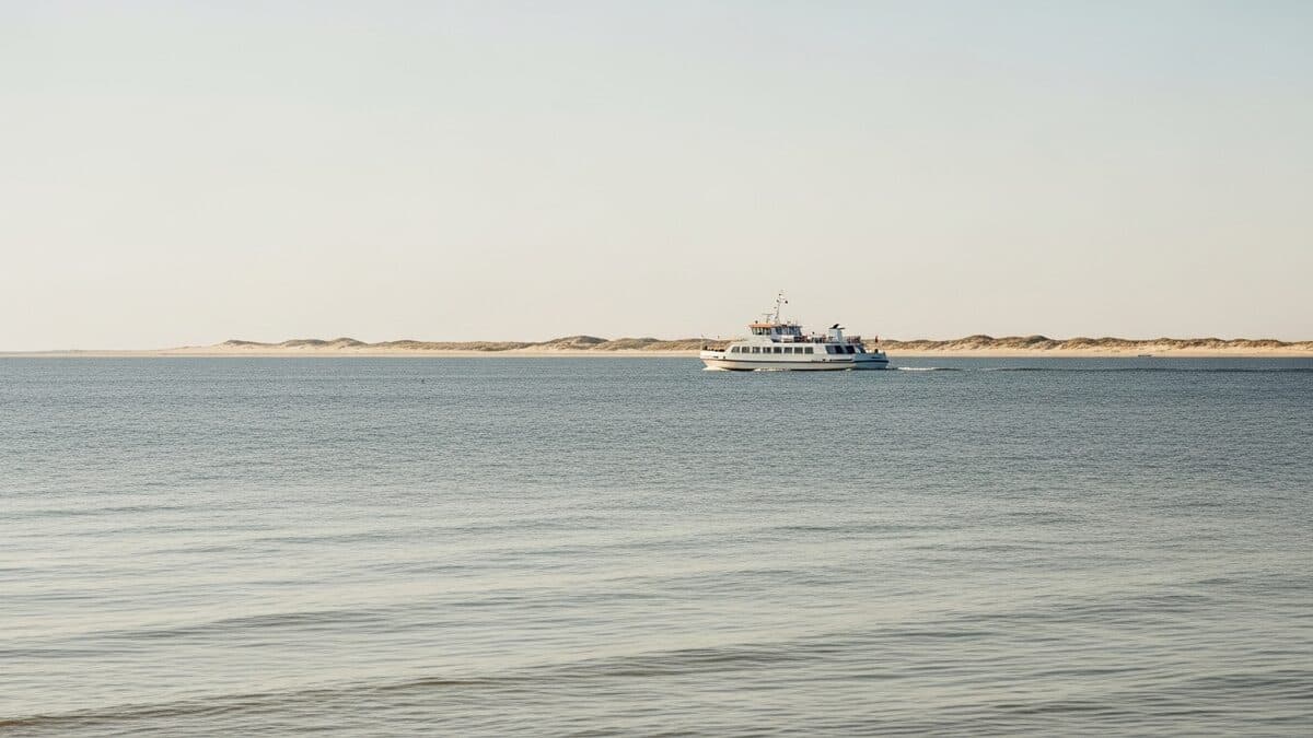 Small passenger ferry on calm bay waters, low spit in the background