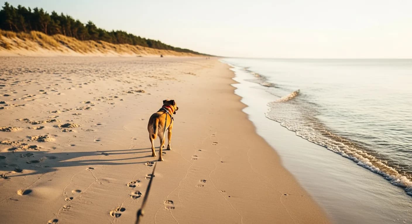 A dog on a leash on a wide, empty Baltic beach at golden hour, the Hel Peninsula dog beaches in Kuznica (entrance 31) and Jurata (entrance 55)