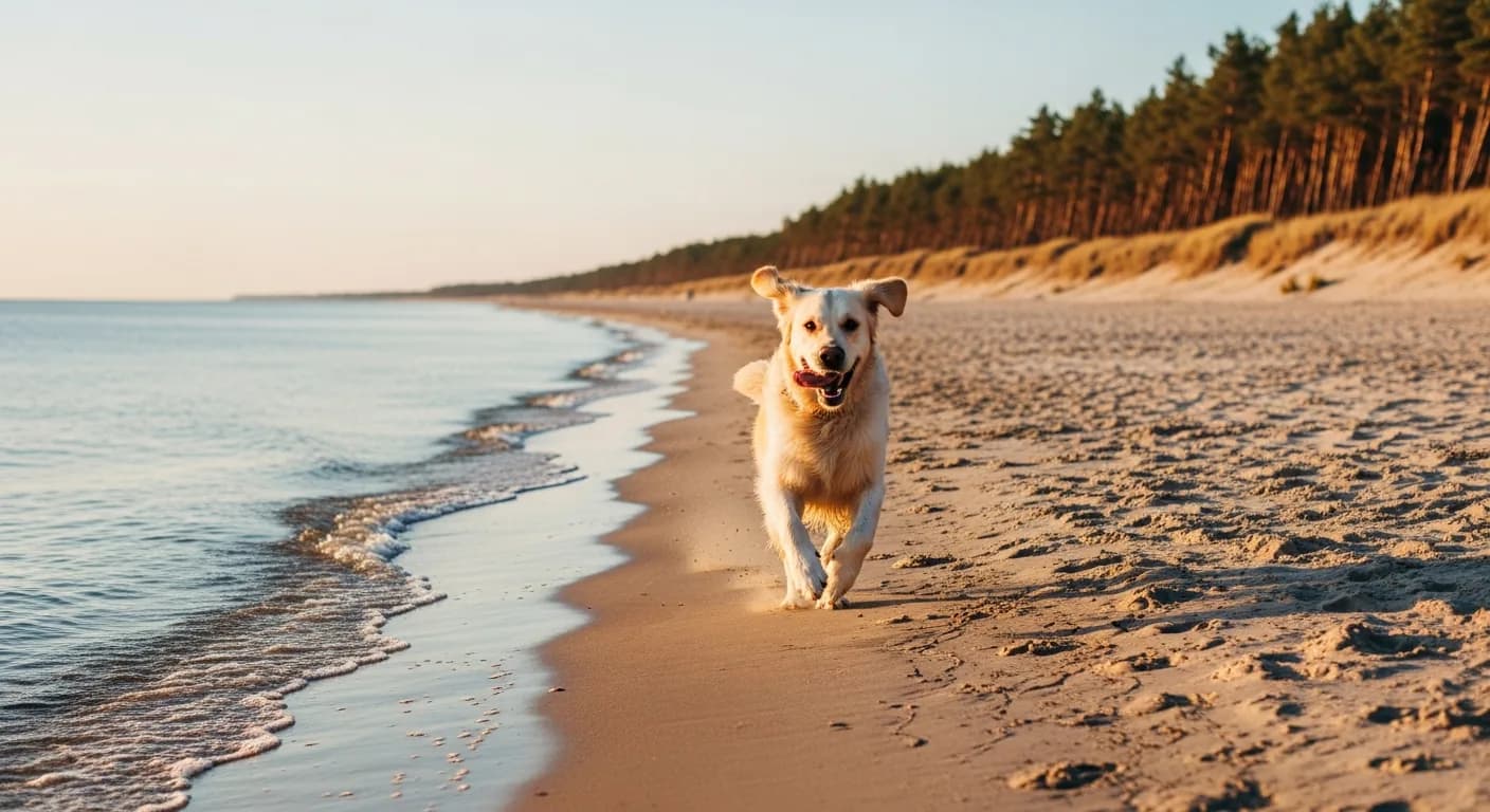 A dog running on a wide, empty Baltic beach at golden hour, with a pine forest on the dunes behind.
