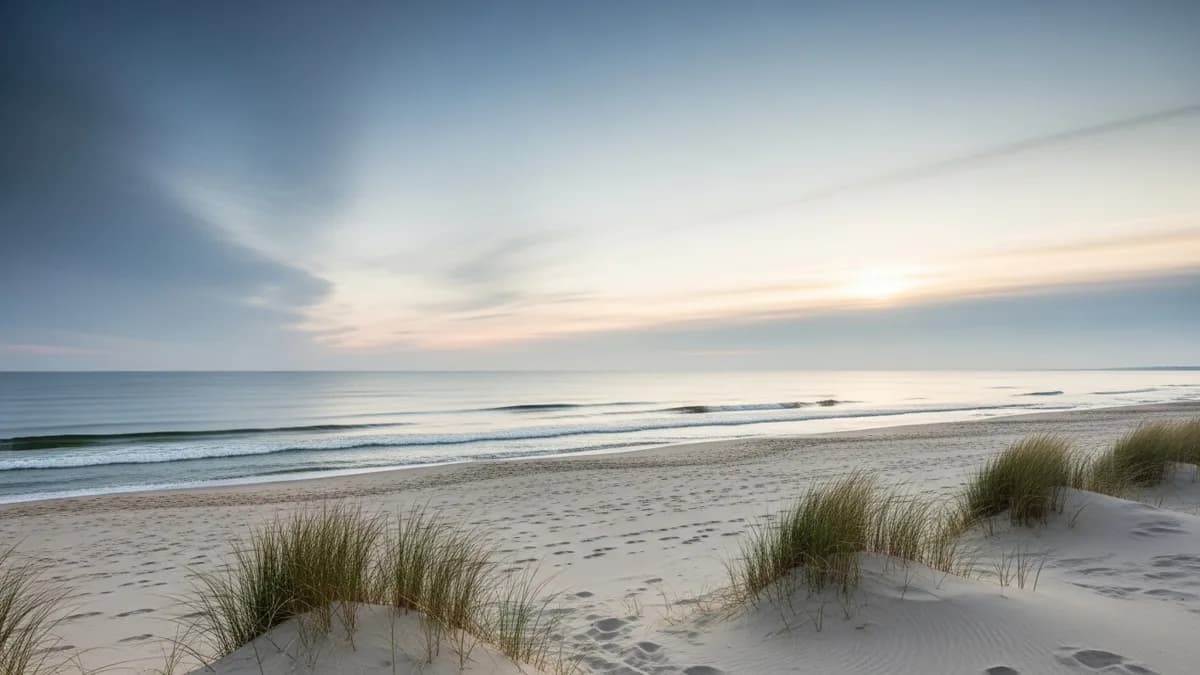 Ruhiger, fast leerer, breiter Strand an der Ostsee in weichem Licht außerhalb der Hochsaison, sanfte Wellen, Dünengras im Vordergrund, gerader Horizont parallel zum Ufer