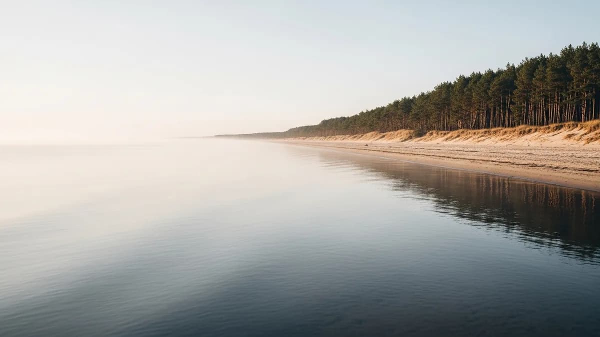 A calm, quiet Baltic Sea shore in soft morning light, smooth water with reflections, a low headland with a pine forest, an atmosphere of focus