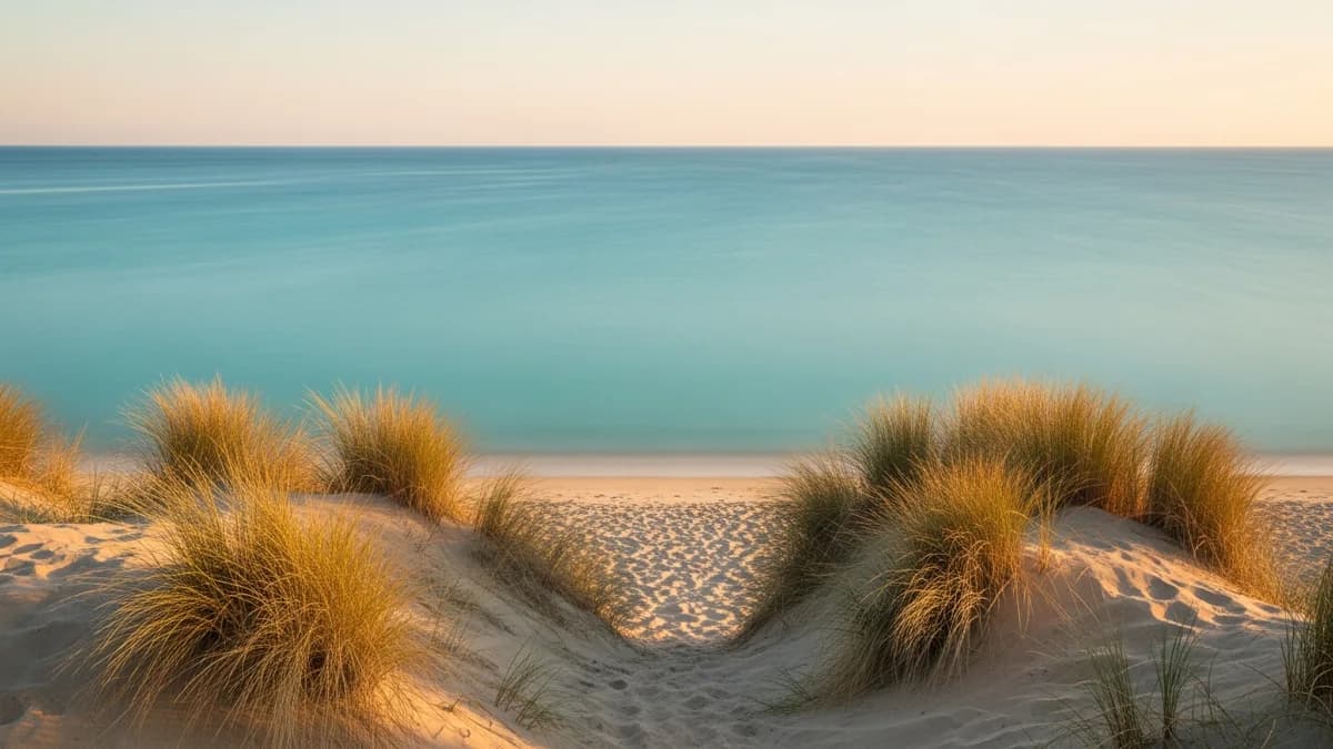 Ruhige, flache Oberfläche der Puck-Bucht zur goldenen Stunde, sandiger Strand mit Dünengras, sanfte Bedingungen zum Baden
