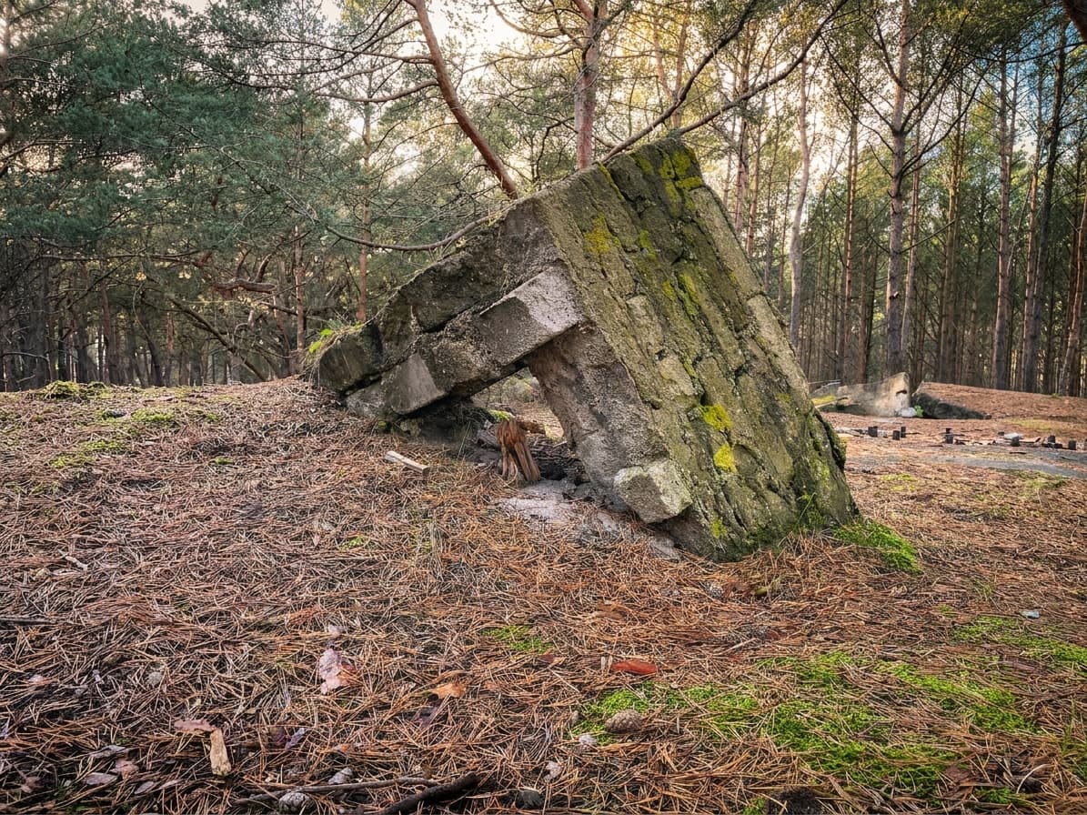 Betonowe ruiny bunkra z czasów II wojny ukryte w sosnowym lesie na Półwyspie Helskim.