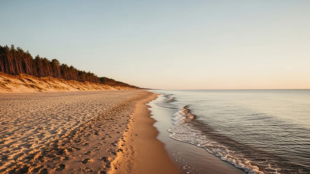 Wide beach of the open Baltic Sea near Jastarnia at golden hour, pine forest on the dune