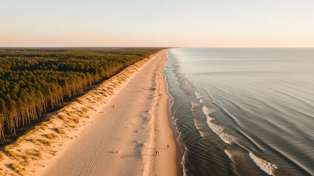 Breiter, gerader Sandstrand der Halbinsel Hel zur goldenen Stunde, ein Kiefernwaldstreifen hinter den Dünen auf der einen Seite und die ruhige Ostsee auf der anderen, einzelne, weit entfernte Silhouetten von Spaziergängern