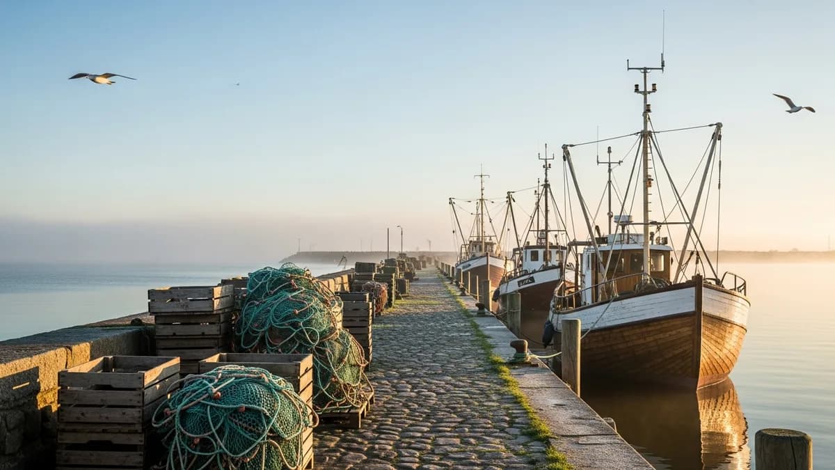 Fischerkutter im Hafen am frühen Morgen, frischer Fisch direkt vom Fang auf der Halbinsel Hel