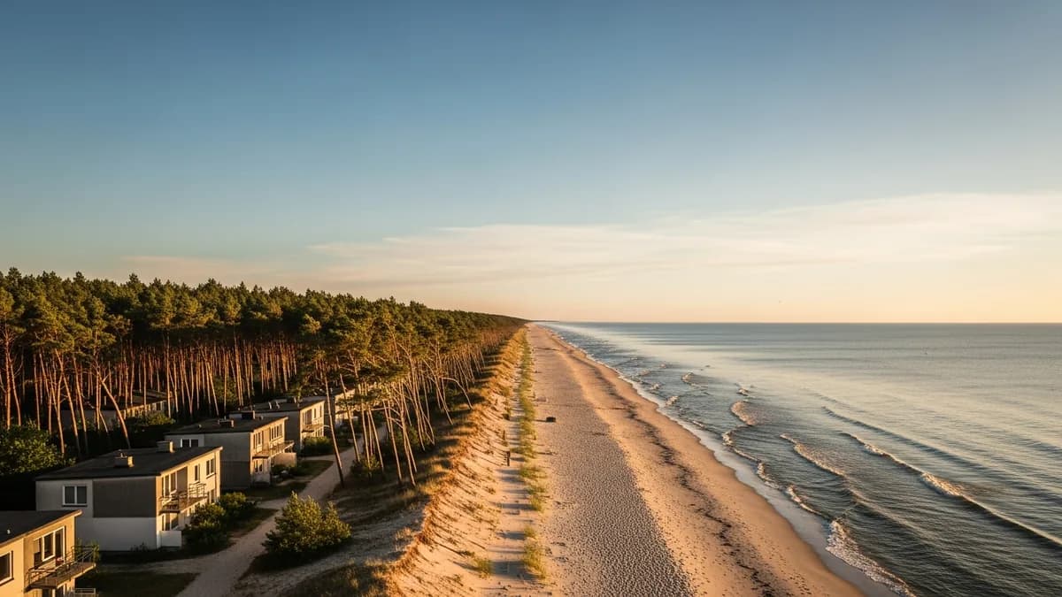 Nadmorska miejscowość nad Bałtykiem, niska zabudowa wśród lasu sosnowego przy plaży