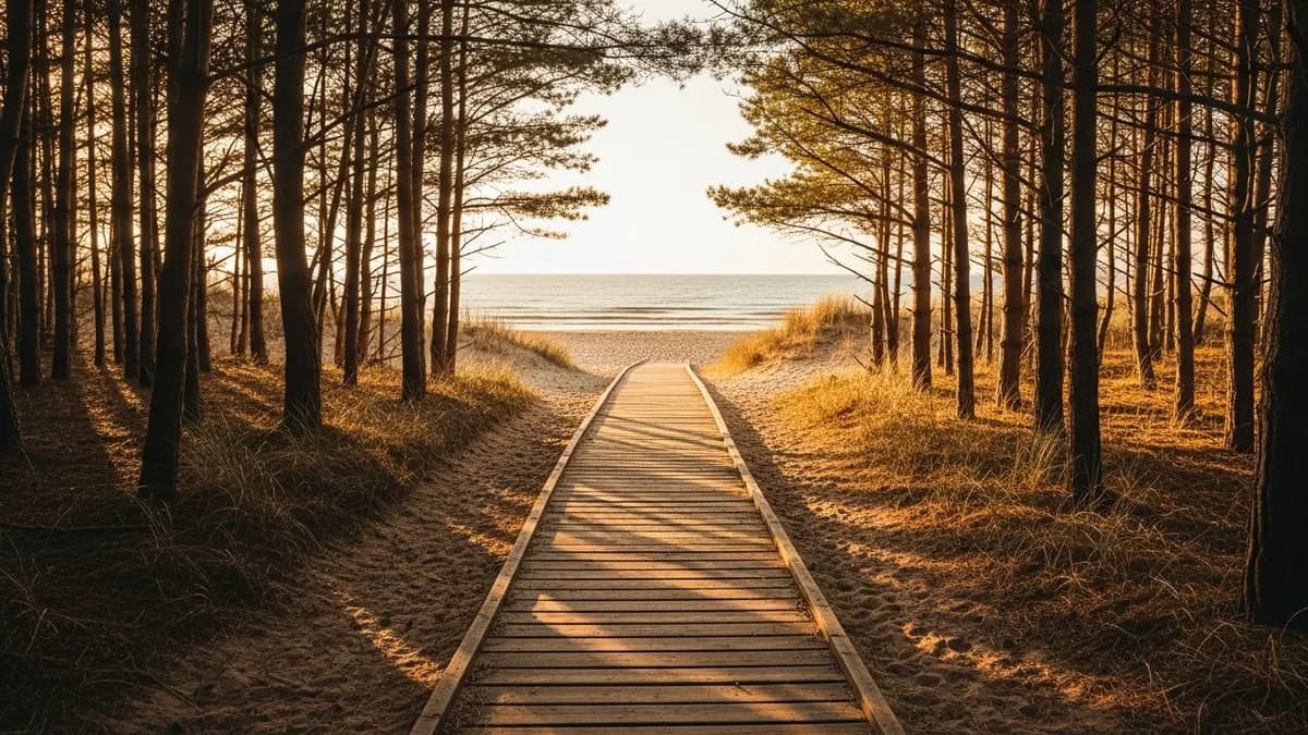 Holzweg durch einen Küstenkiefernwald, der zum Strand der offenen Ostsee in der Nähe von Jastarnia führt